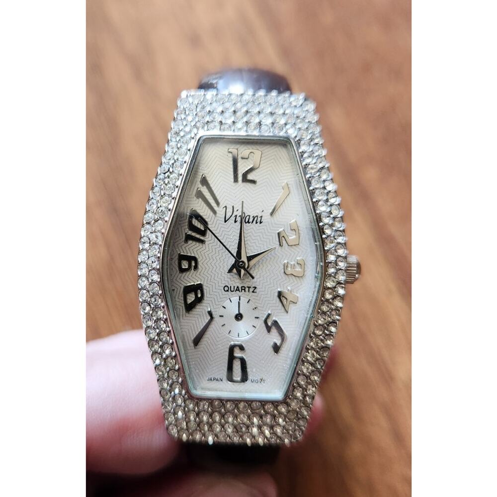 Vivani vintage rhinestone watch with black leather spring open cuff